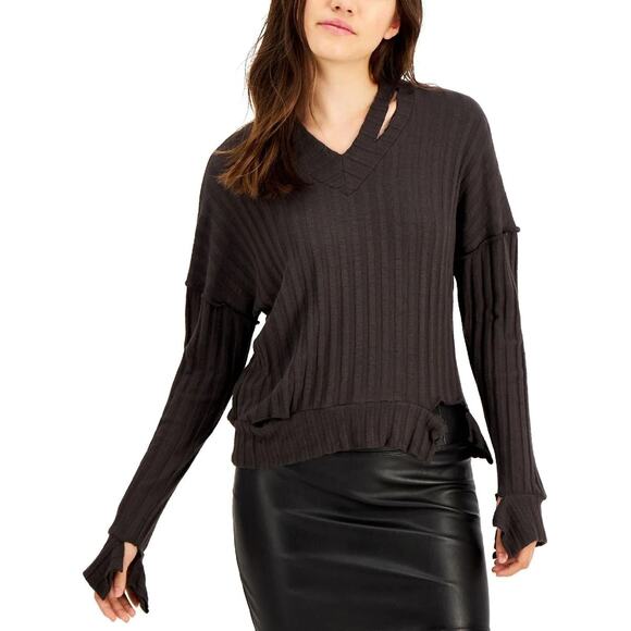 LNA Ribbed Long Sleeve V-Neck Top Small Viscose Soft Etten Laser Cut Out $154 - Picture 1 of 10